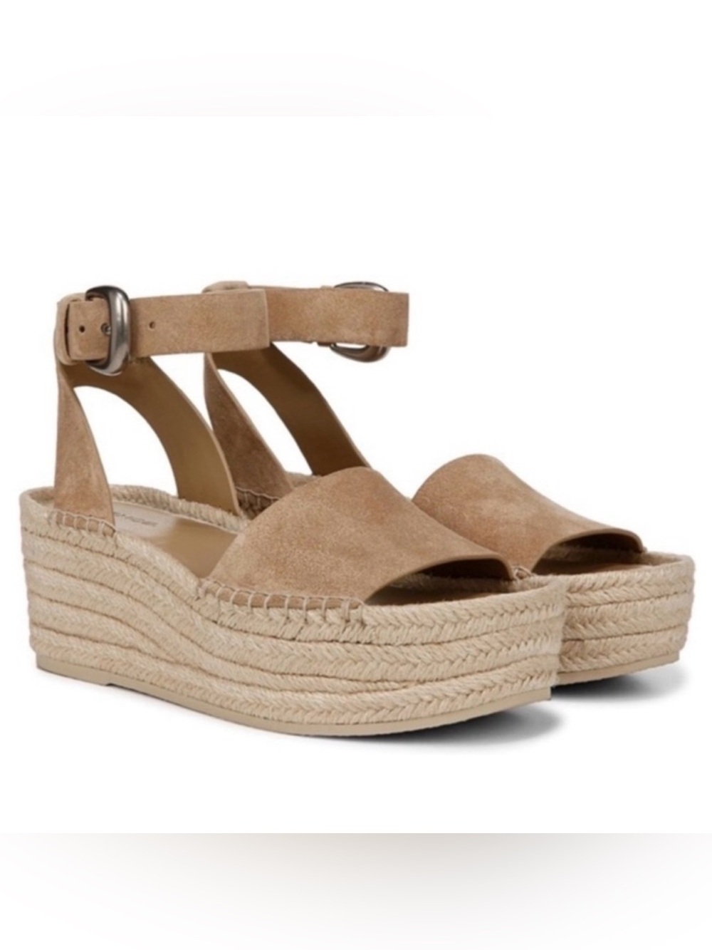 Vince Beige Suede Espadrille Wedge Sandals with Ankle Buckle
